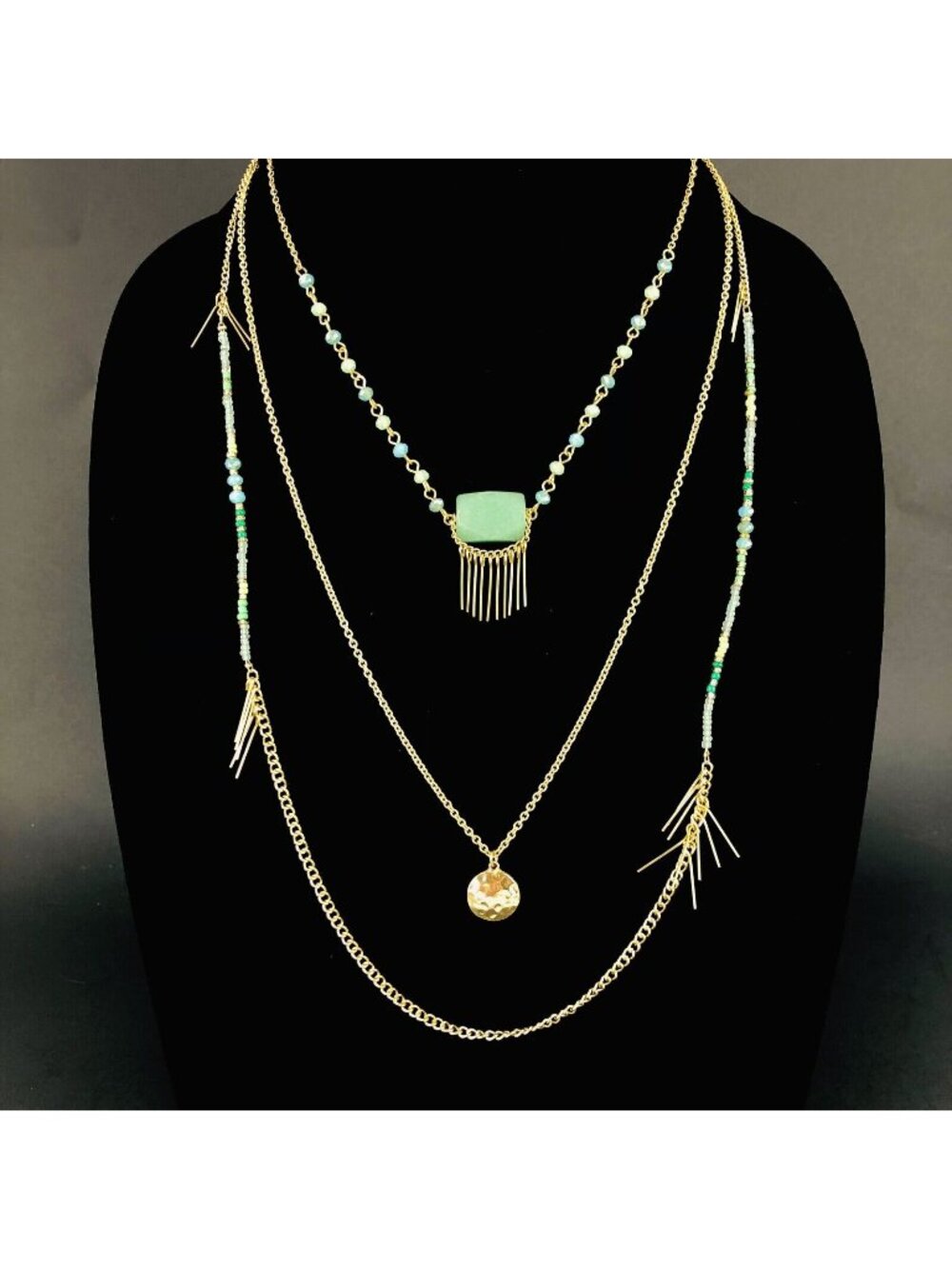 Three Tier Necklace Gold & Jade Colored Stone